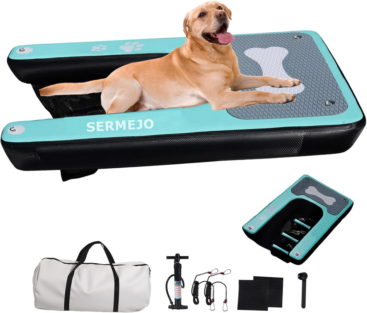 Inflatable dog water ramp floating platform beside a swimming pool