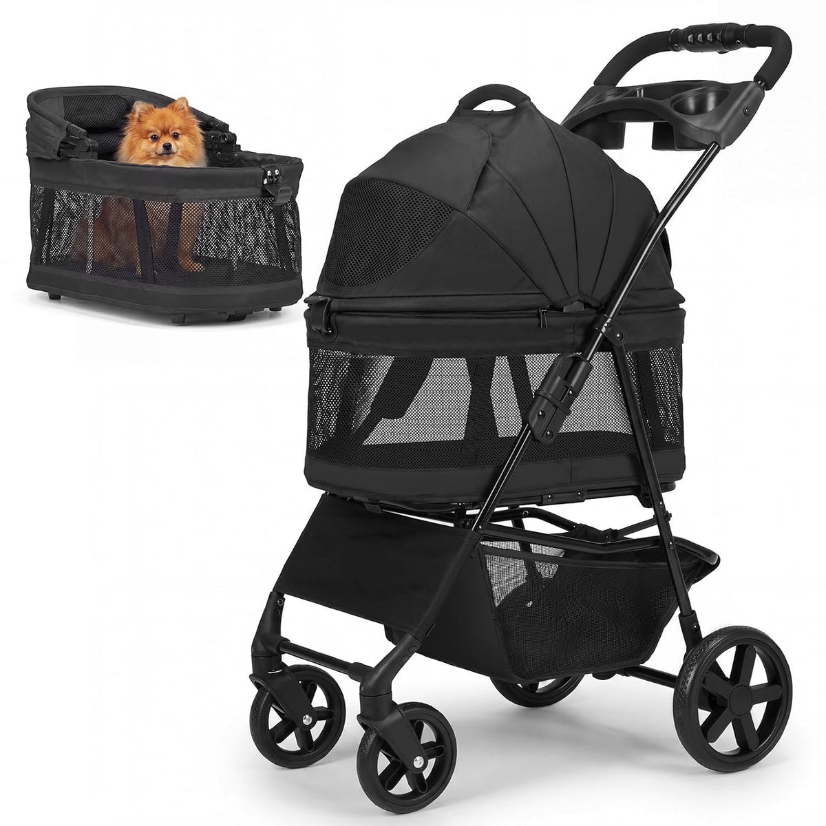 Small dog stroller with detachable pet carrier