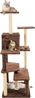 64 inch brown carpeted cat tree tower with condo and jute posts
