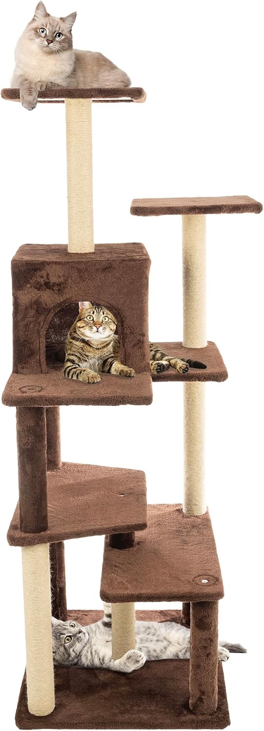 64 inch brown carpeted cat tree tower with condo and jute posts