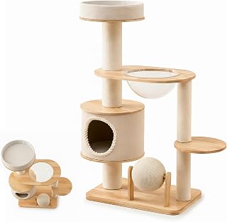Wooden Cat Tower with Multi-Level Perches and Scratching Post