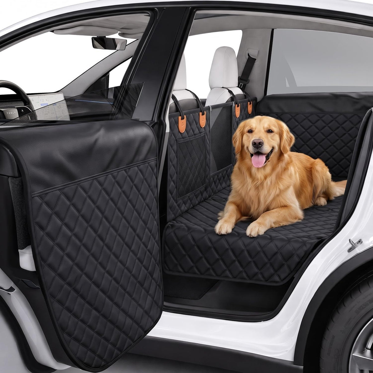 Black and orange hard bottom pet seat liner installed in a car back seat