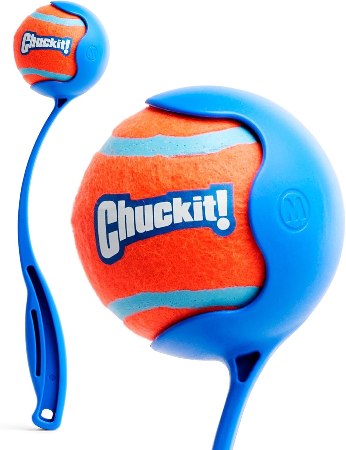 Blue plastic ball launcher with 12 inch handle and ball
