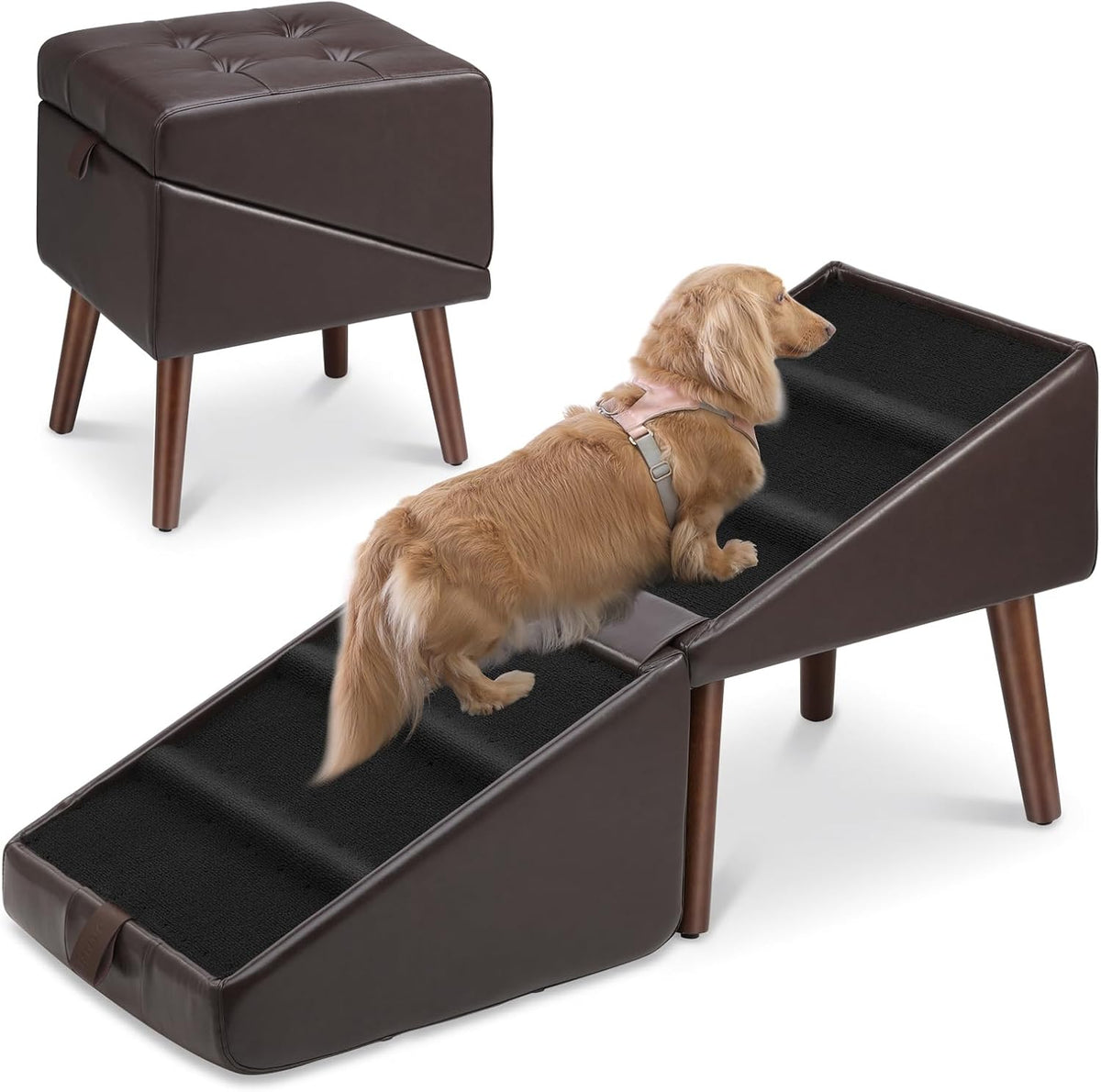Foldable upholstered dog ramp that converts into an ottoman beside a couch