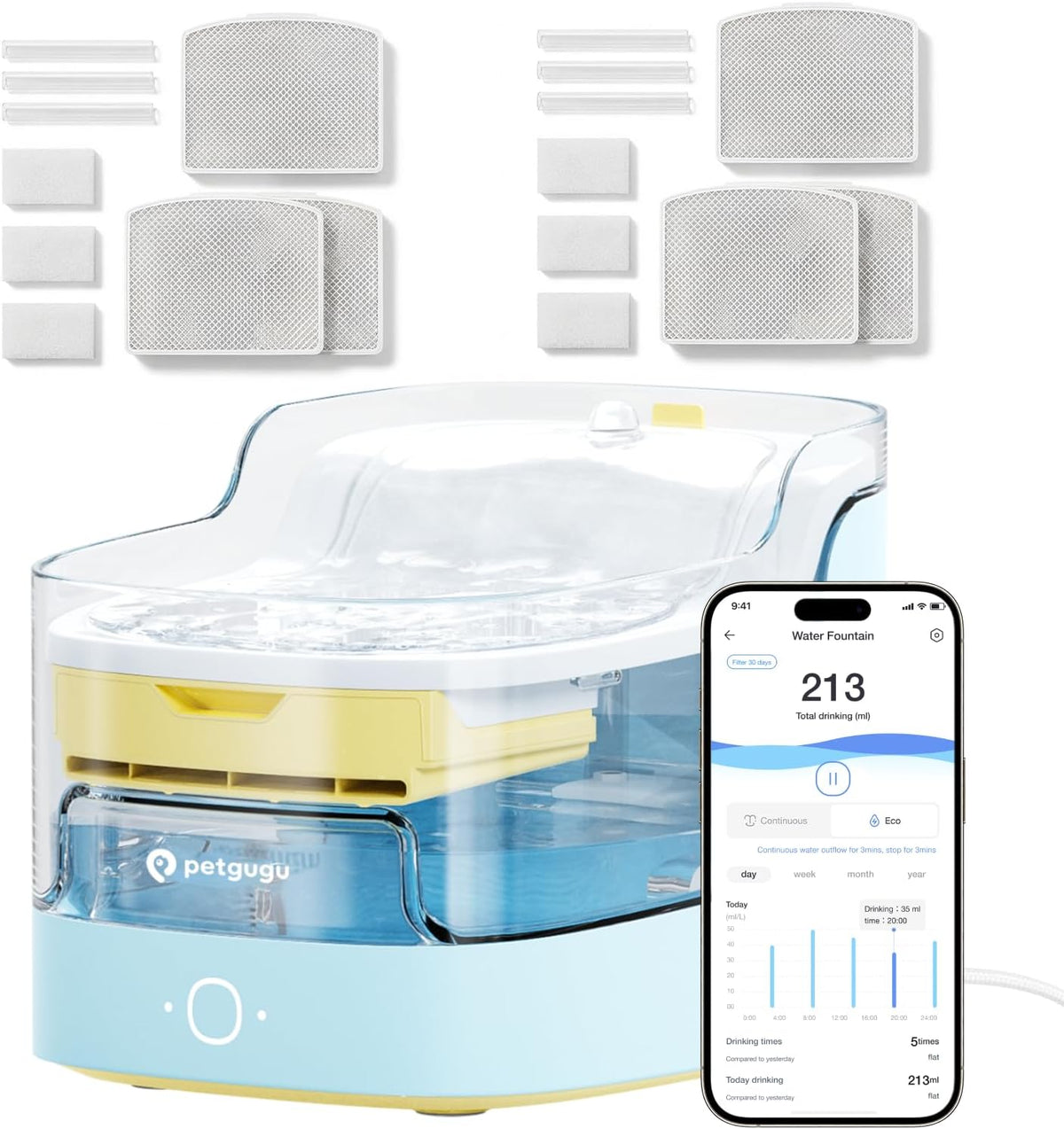 Automatic pet water fountain with app monitoring and replacement filters