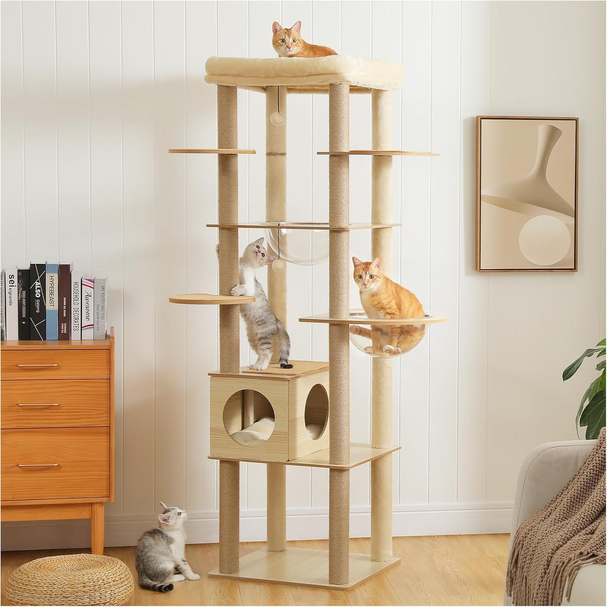 71 inch wooden cat tree with cushioned cave, top perch and acrylic bowls