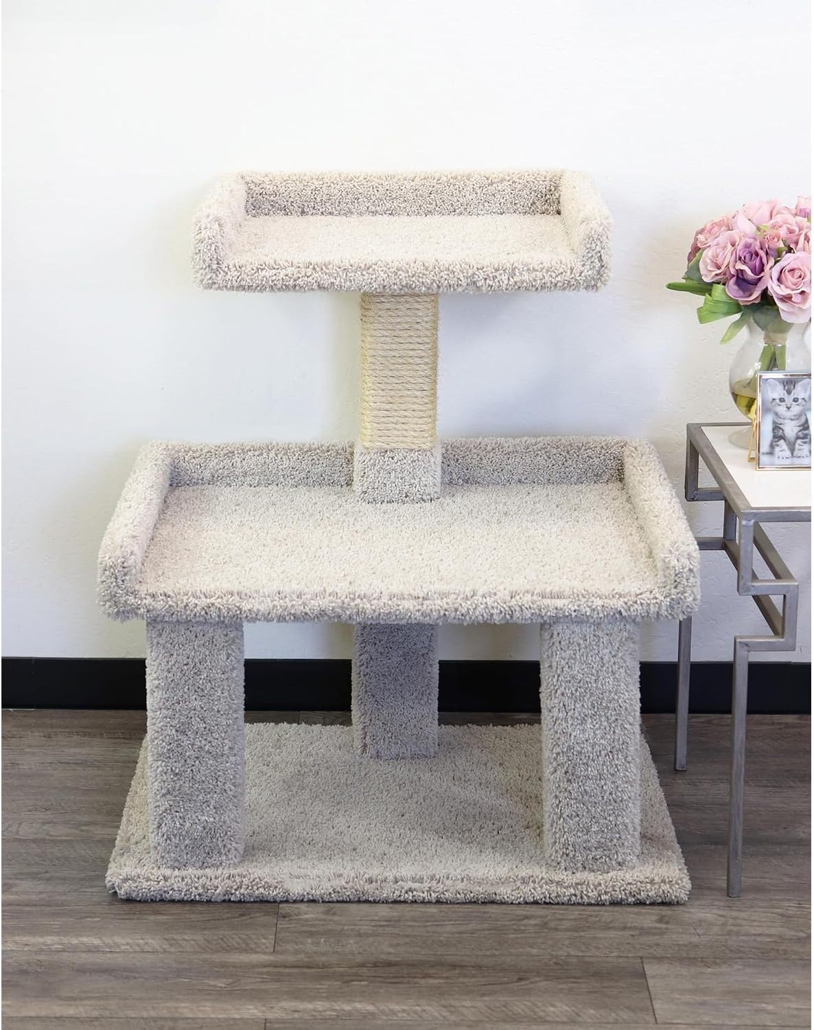 Southwestern style cat perch with large cushioned platform and sisal posts
