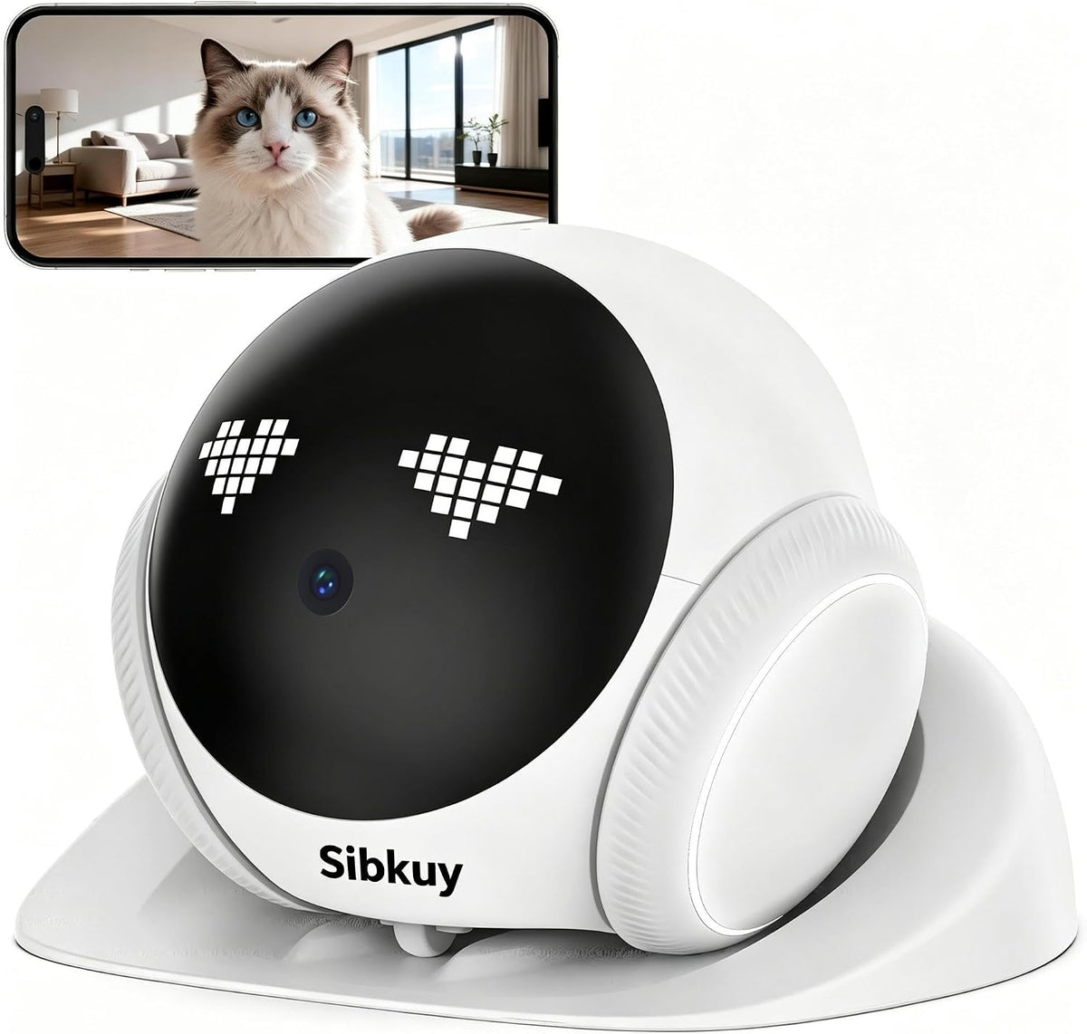 Mini mobile pet camera robot next to a dog on the floor