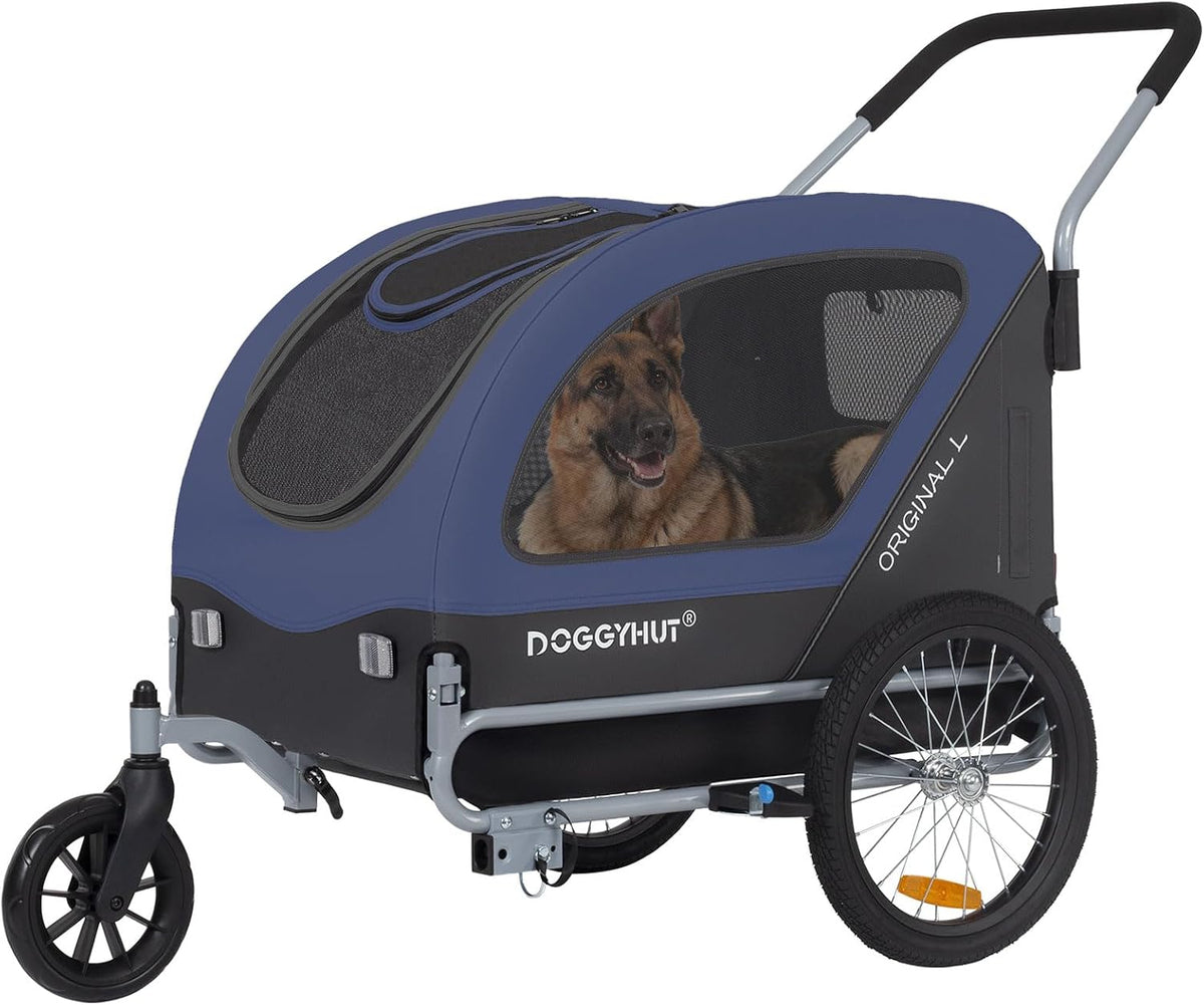 Gray dog bike trailer converted to a stroller with front swivel wheel – view 3