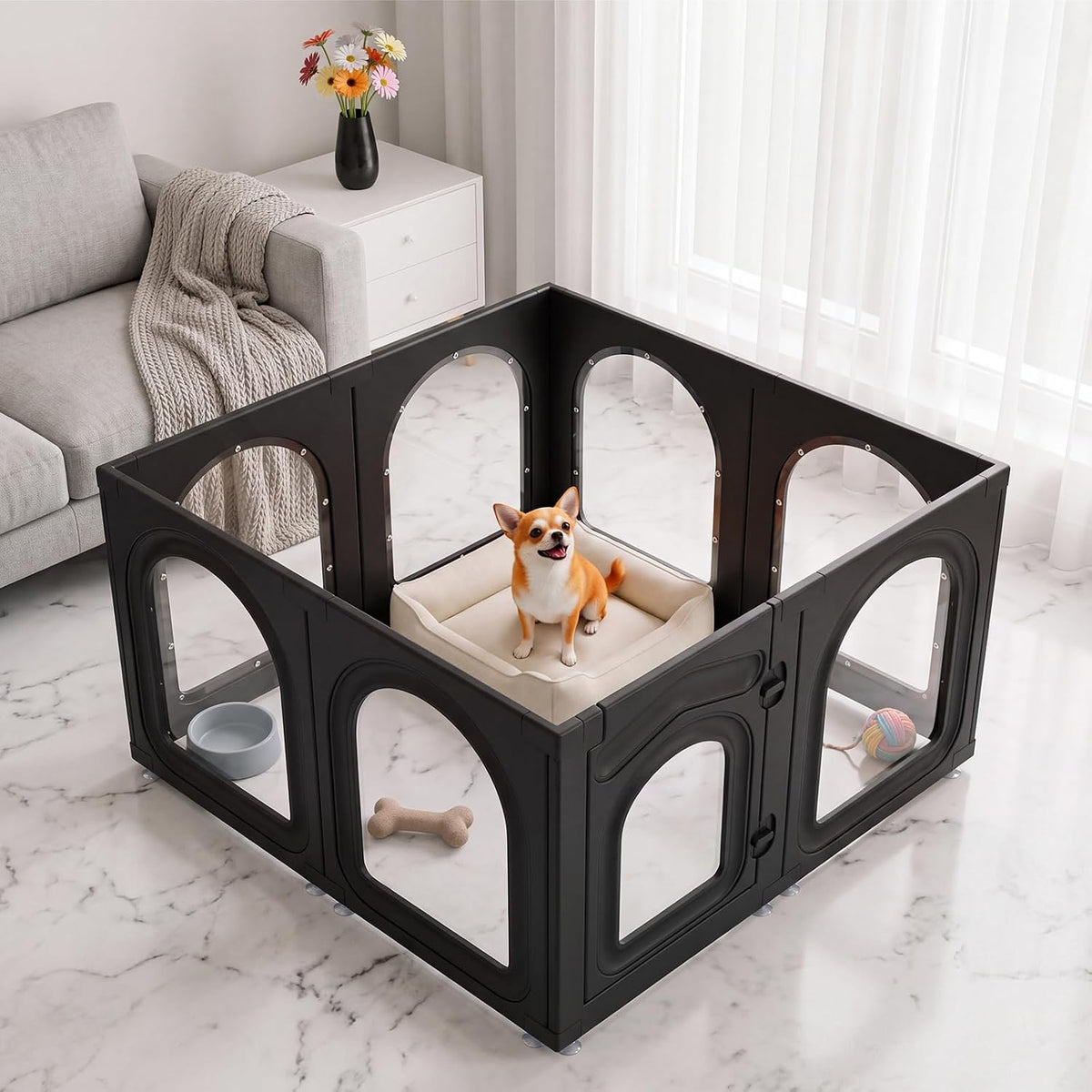 White clear acrylic pet playpen with ten panels holding a puppy – view 5