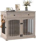 Oak grey farmhouse wooden dog kennel end table with drawers