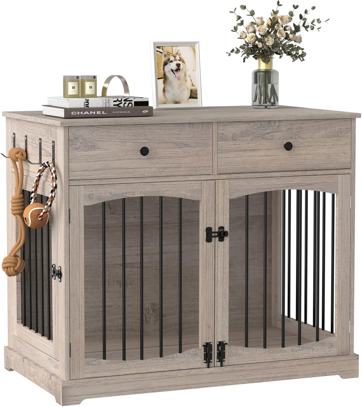 Oak grey farmhouse wooden dog kennel end table with drawers