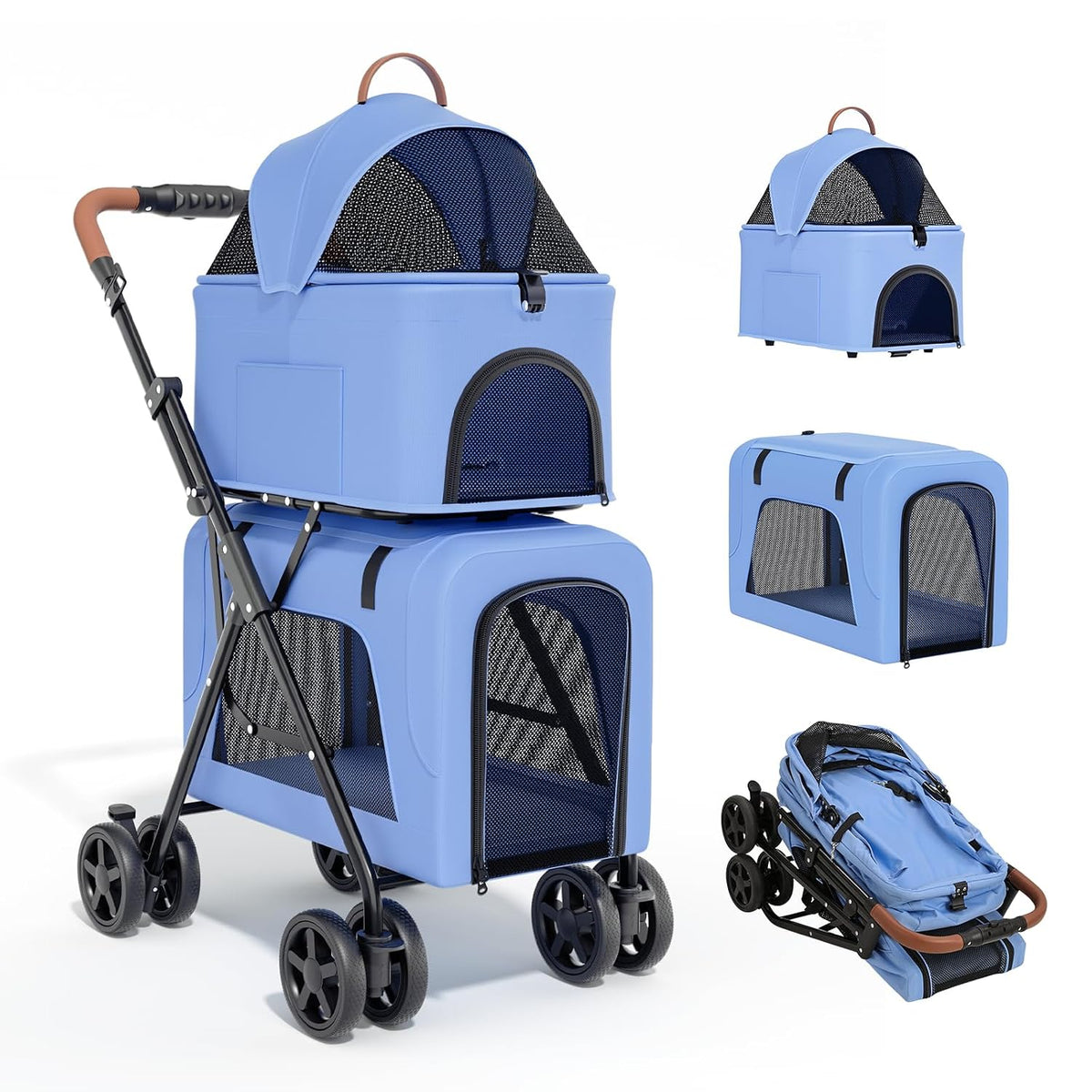 Black and gray foldable double dog stroller with two removable carrier bags – view 2