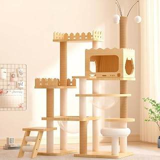 66.9" Modern Wood Cat Tree with Sisal-Covered Scratching Posts, Top Perch and Acrylic Hammock