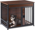Walnut wooden dog crate end table with front door and two bowls
