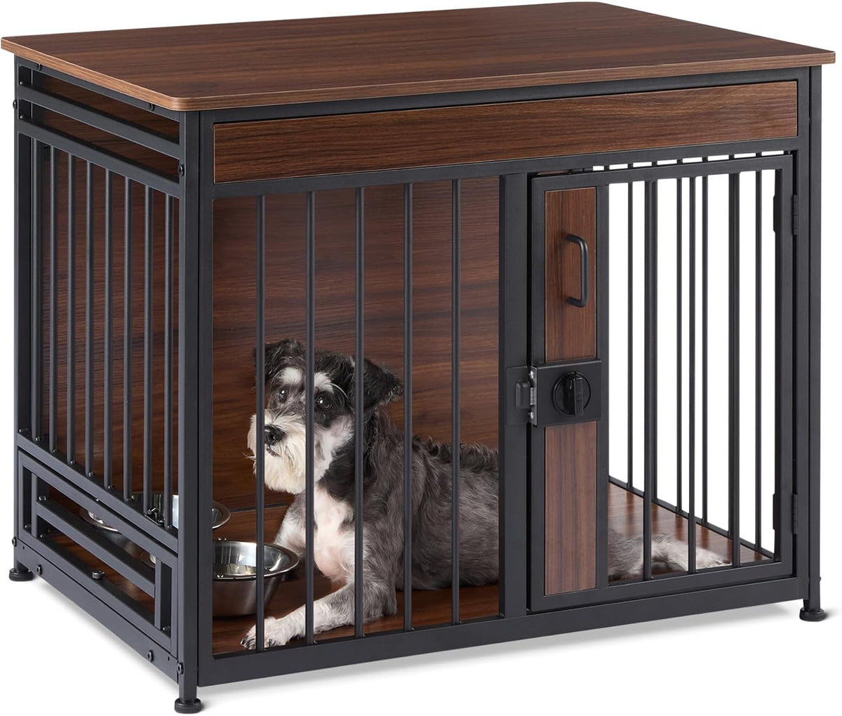 Walnut wooden dog crate end table with front door and two bowls