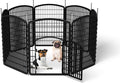 Black 12-panel metal dog playpen with door set up on a lawn – view 2