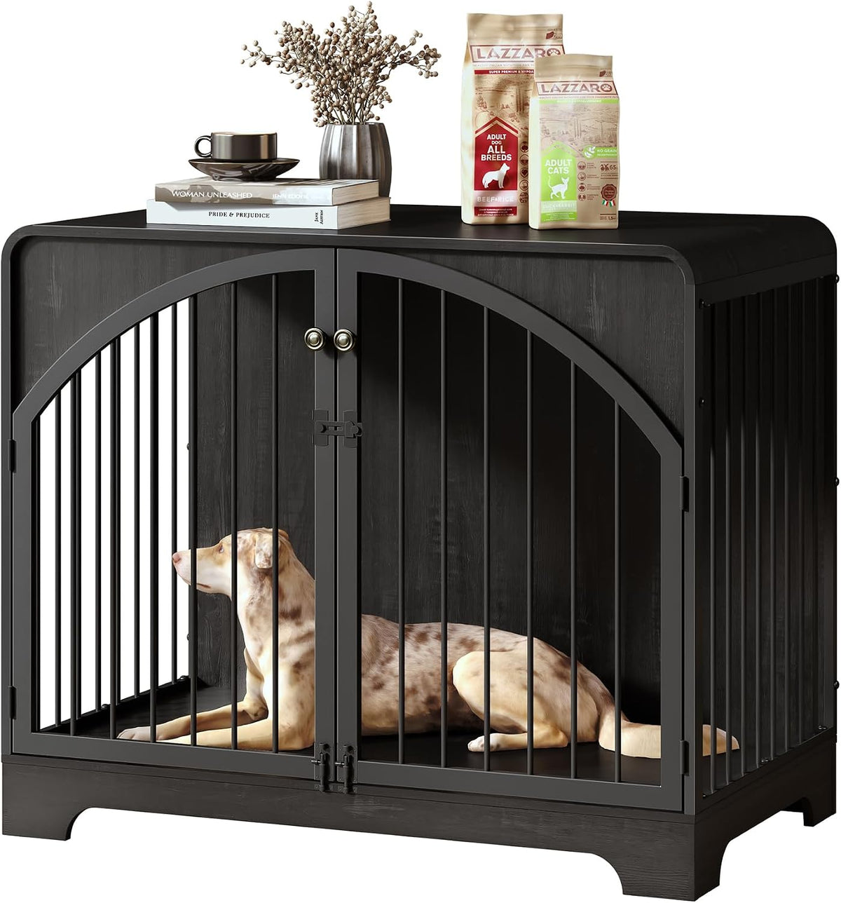 Black farmhouse style wooden dog crate furniture used as an end table