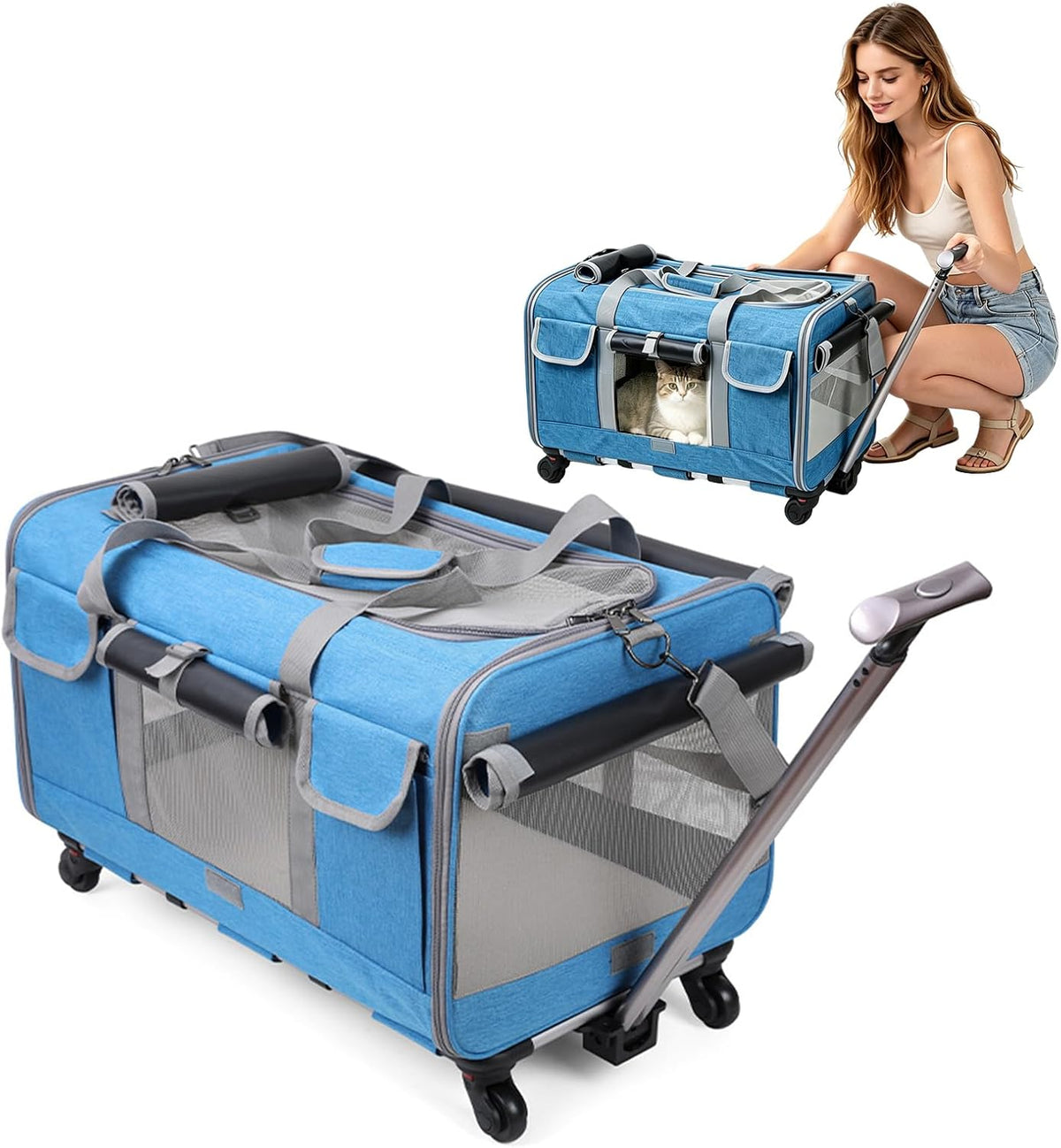 Rolling pet carrier with wheels, telescopic handle and shoulder strap