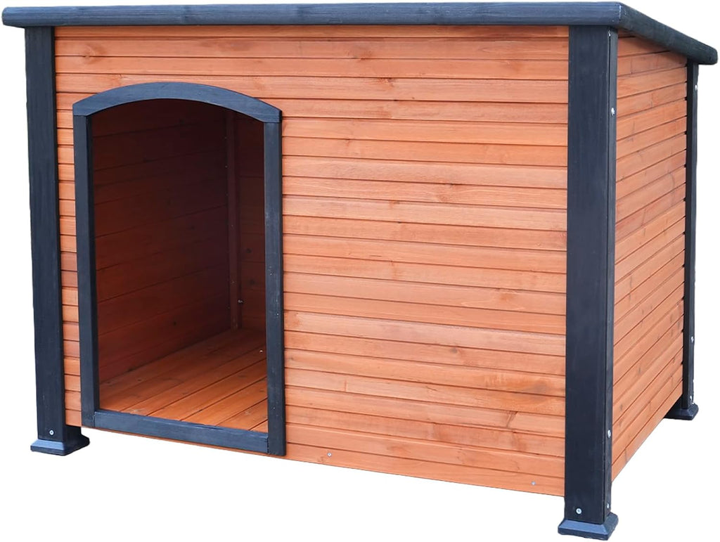Wooden outdoor dog house with sloped asphalt roof and raised feet – view 3