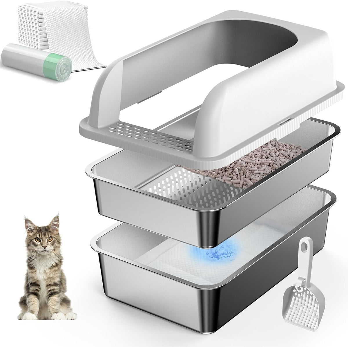 Stainless steel sifting cat litter box with lid and pine pellets – view 2
