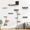 Gray seven-piece wooden cat wall shelf set with scratching post