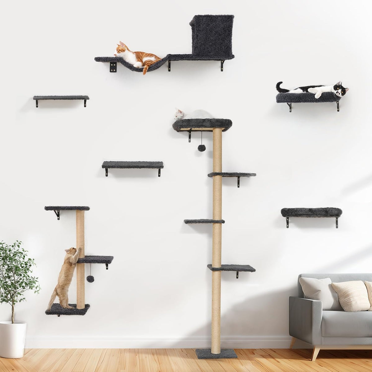 Gray seven-piece wooden cat wall shelf set with scratching post