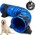 Blue 10 foot PVC dog agility tunnel with sandbags on grass