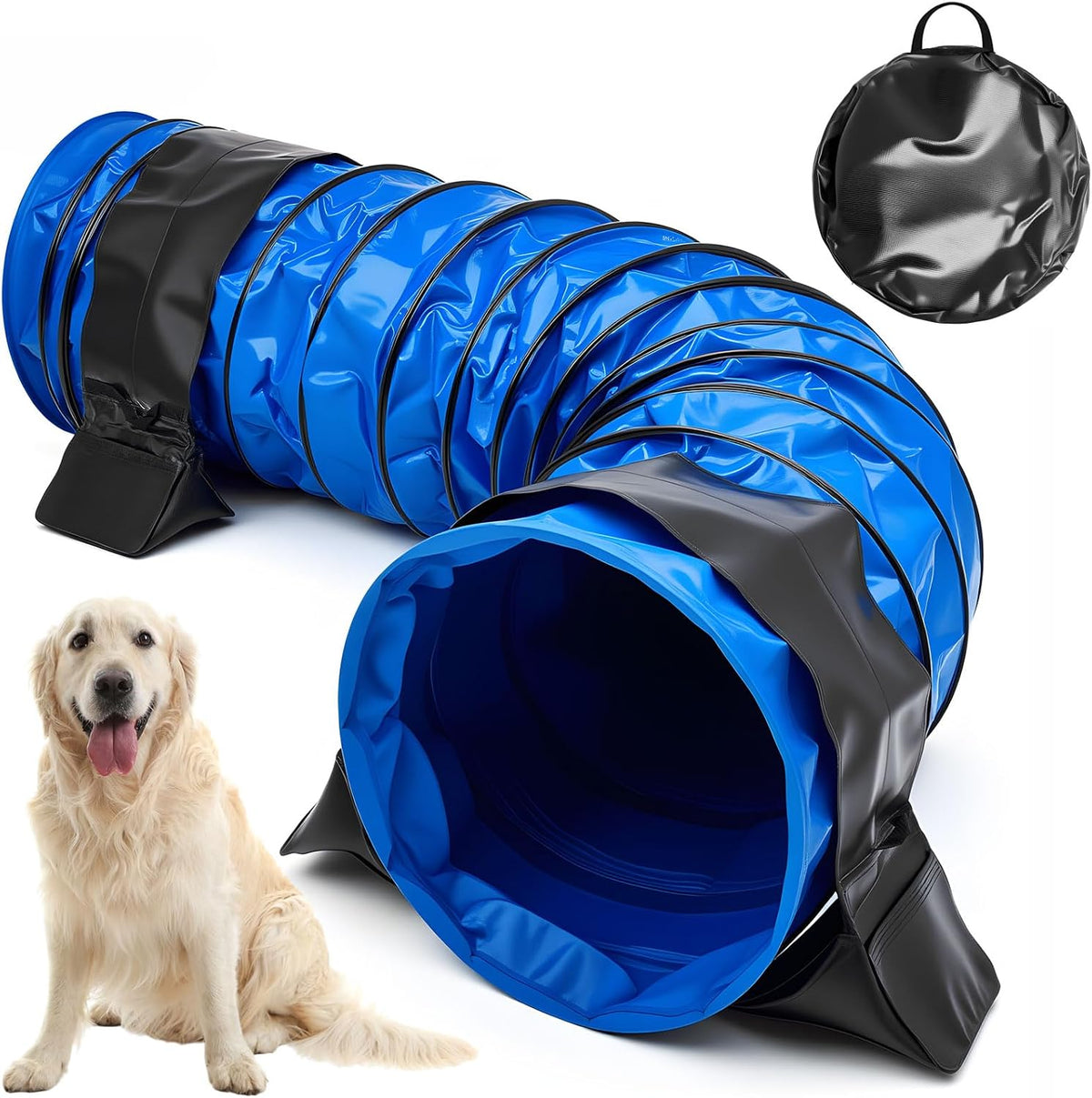 Blue 10 foot PVC dog agility tunnel with sandbags on grass