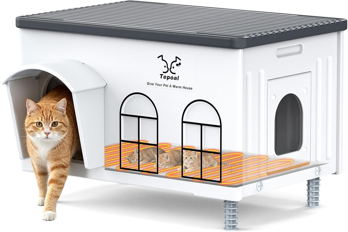 Extra large heated outdoor cat house with two doors