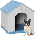 Classic blue resin dog house with roof and elevated floor – view 2