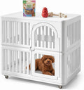 White plastic rolling dog crate with clear acrylic window – view 2