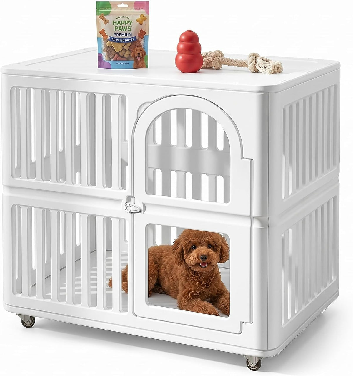 White plastic rolling dog crate with clear acrylic window – view 2