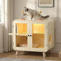 Cat Litter Box Enclosure with Smart RGB LED Light, Litter Leak Walkway, Retro TV Style, Stairs, Glass Doors, Beige