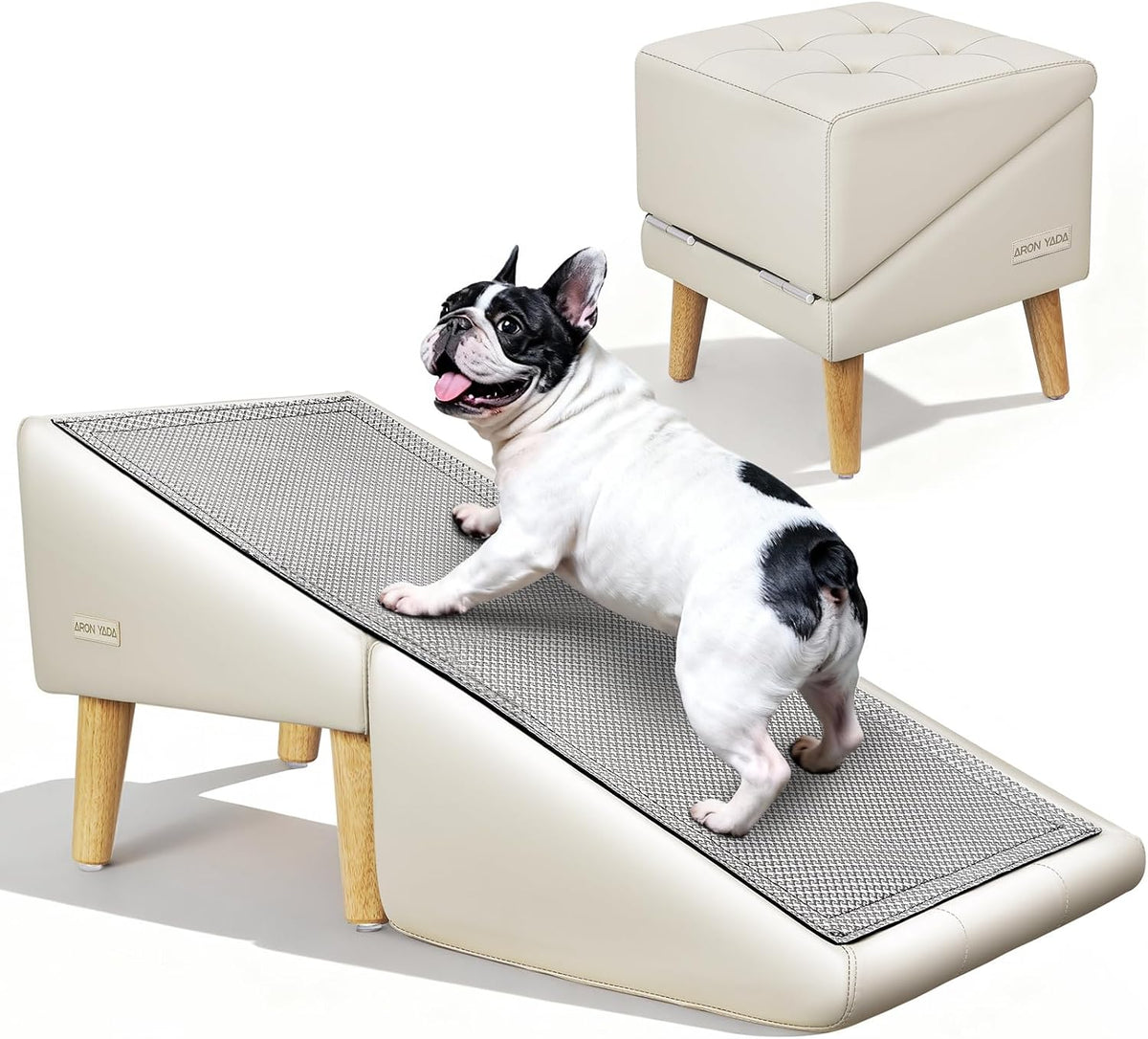 Foldable ottoman-style dog ramp and steps with non-slip surface beside a couch