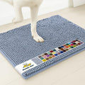 Baby blue microfiber chenille door mat in front of an entry door