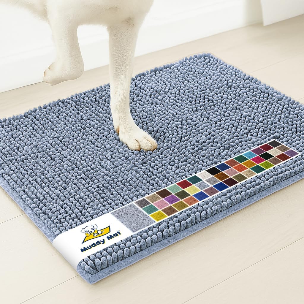 Baby blue microfiber chenille door mat in front of an entry door