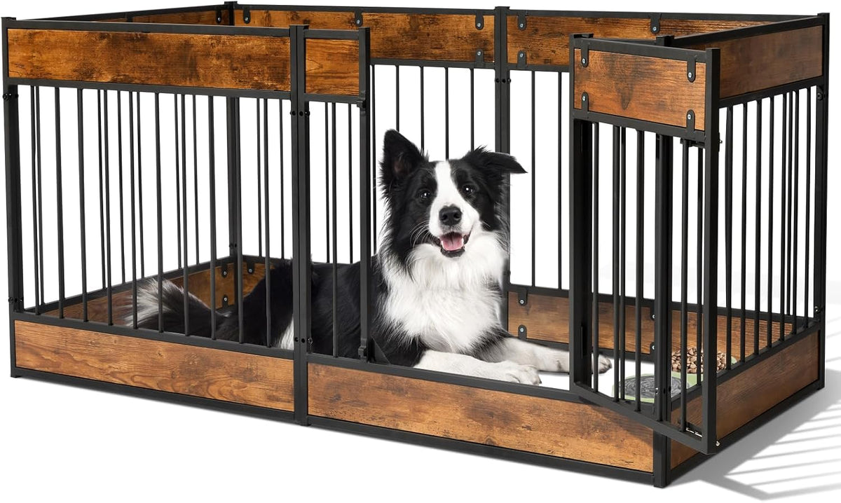 Furniture-style dog playpen with steel tube panels in a living room