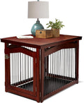 Walnut finish wooden dog crate that converts into a pet gate