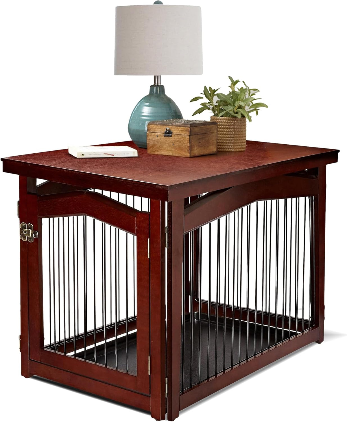 Walnut finish wooden dog crate that converts into a pet gate