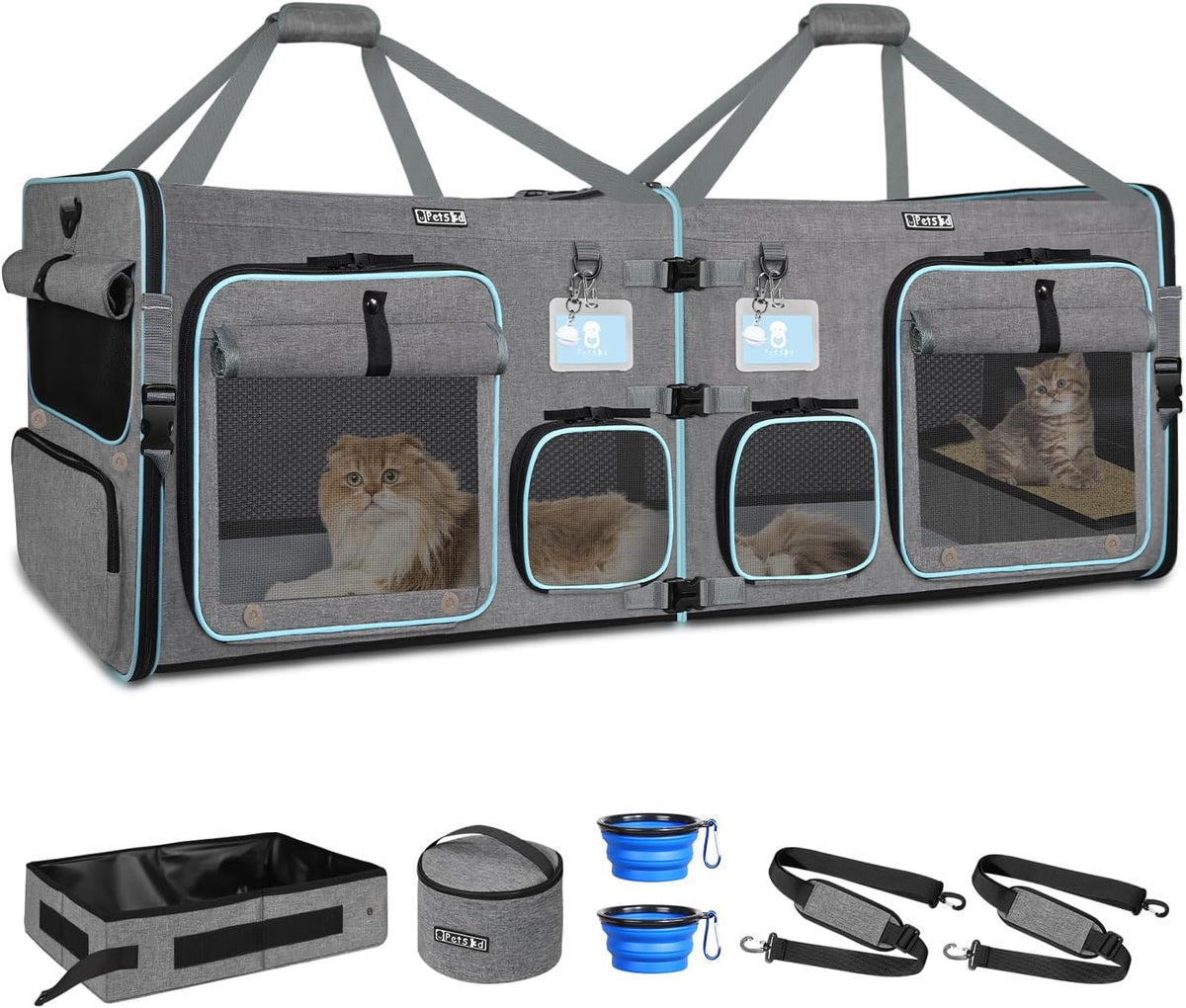 Double cat car travel carrier with litter box and privacy curtain