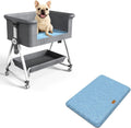 Bedside dog bed next to a human bed with a spare replacement mattress