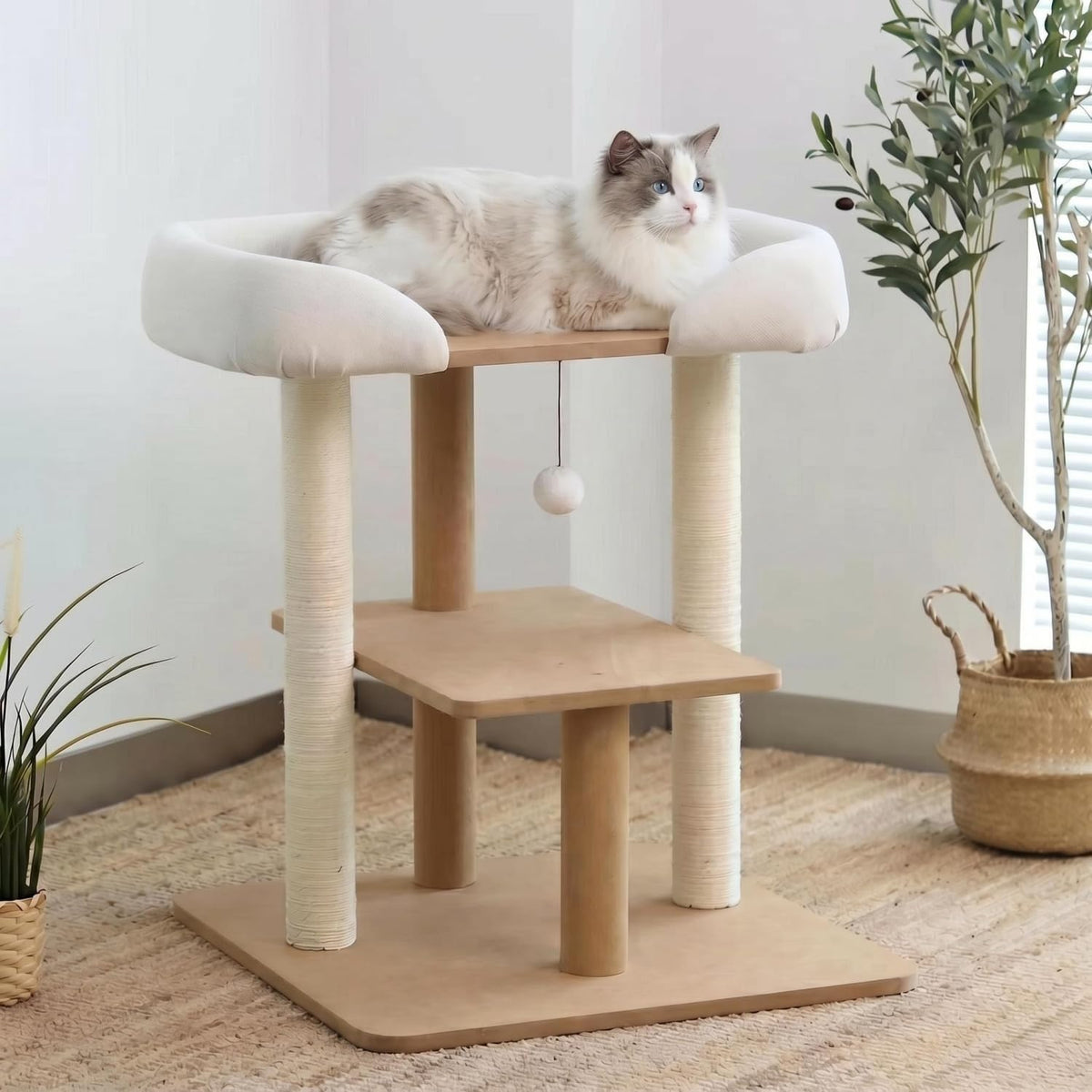 Five-level cat tree with extra large padded top perch beside a window – view 3