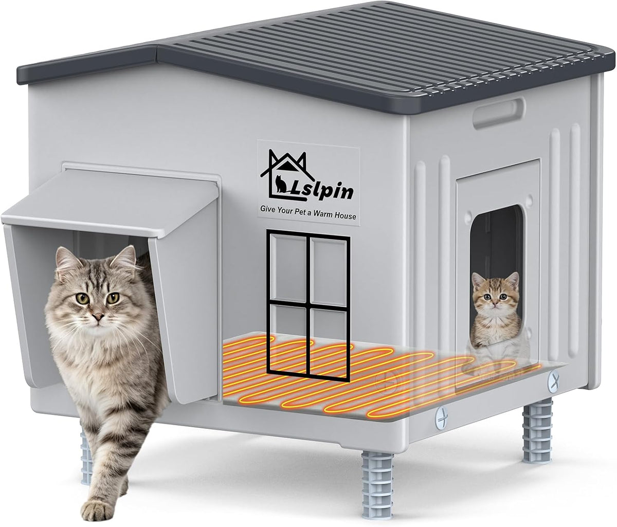 Heated insulated outdoor cat house with front entry and side escape door – view 2