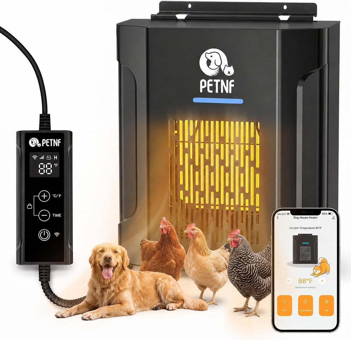 Dog house heater unit with digital thermostat mounted on an inside wall