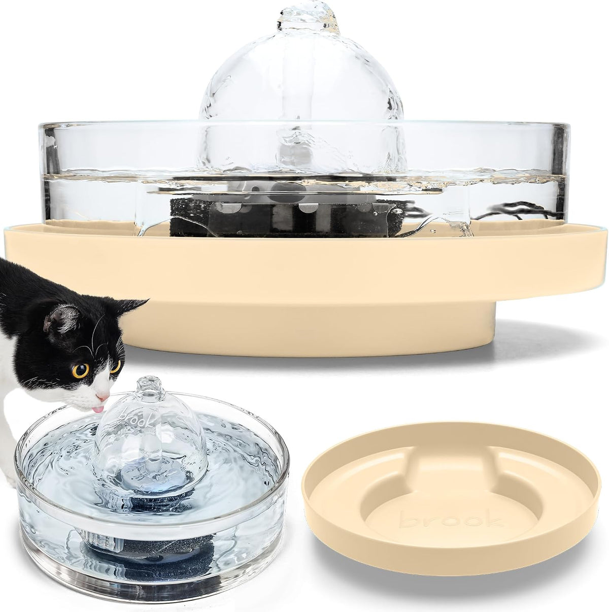 All-glass cat water fountain on a beige raised stand