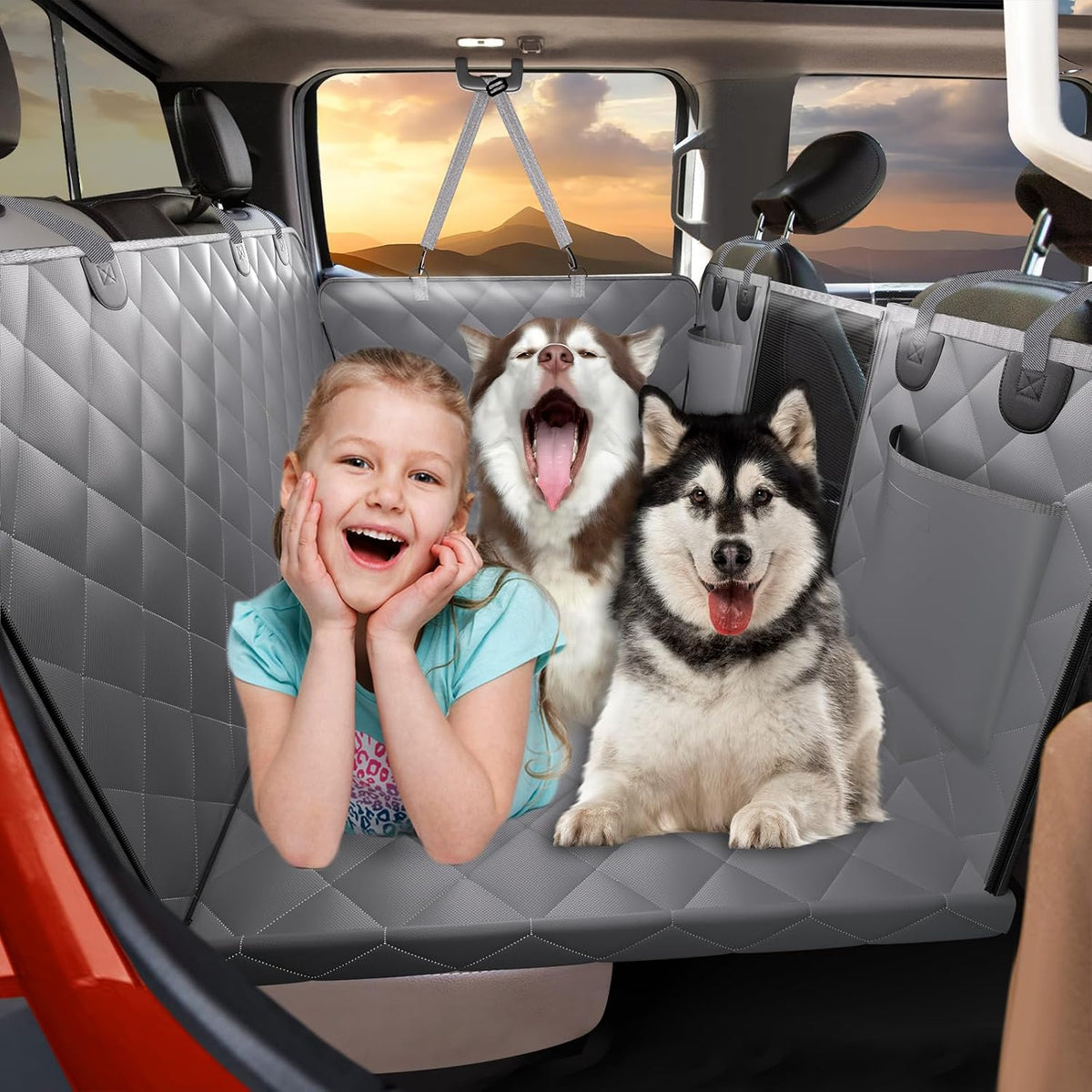 Grey hard bottom dog hammock on a truck back seat