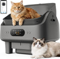 Grey self-cleaning cat litter box with LED display, stair and mat