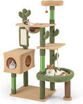 Green cactus-shaped multi-level cat tree with scratching post