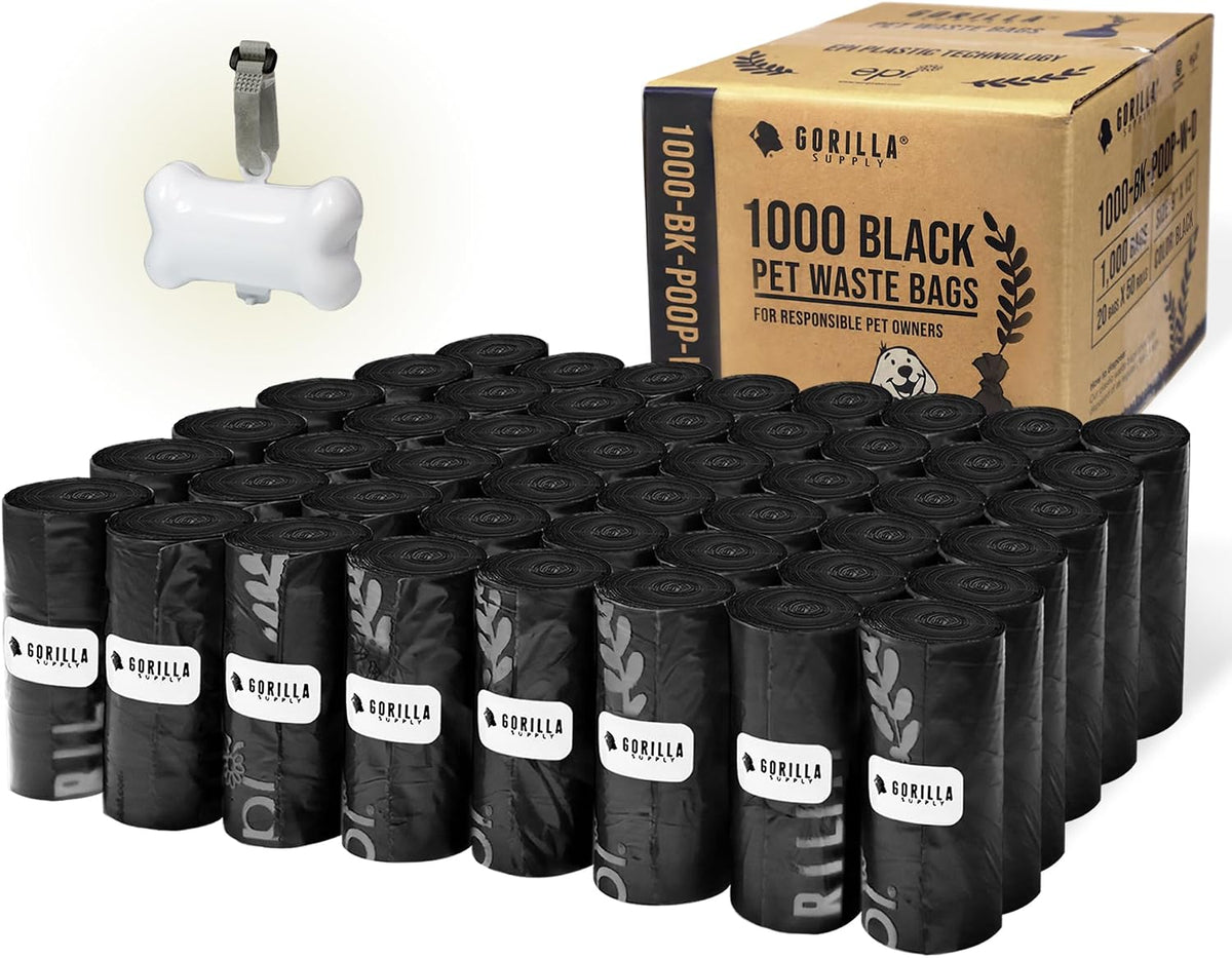 Rolls of multicolor dog poop bags with dispenser clipped to a leash – view 3